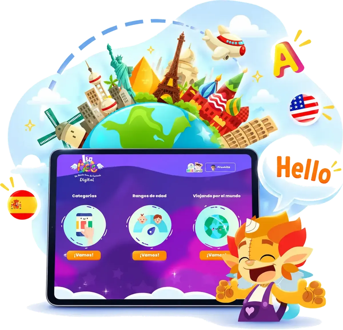 Leo con Leo Digital en una tablet, con historias de lugares de todo el mundo y el personaje Leo