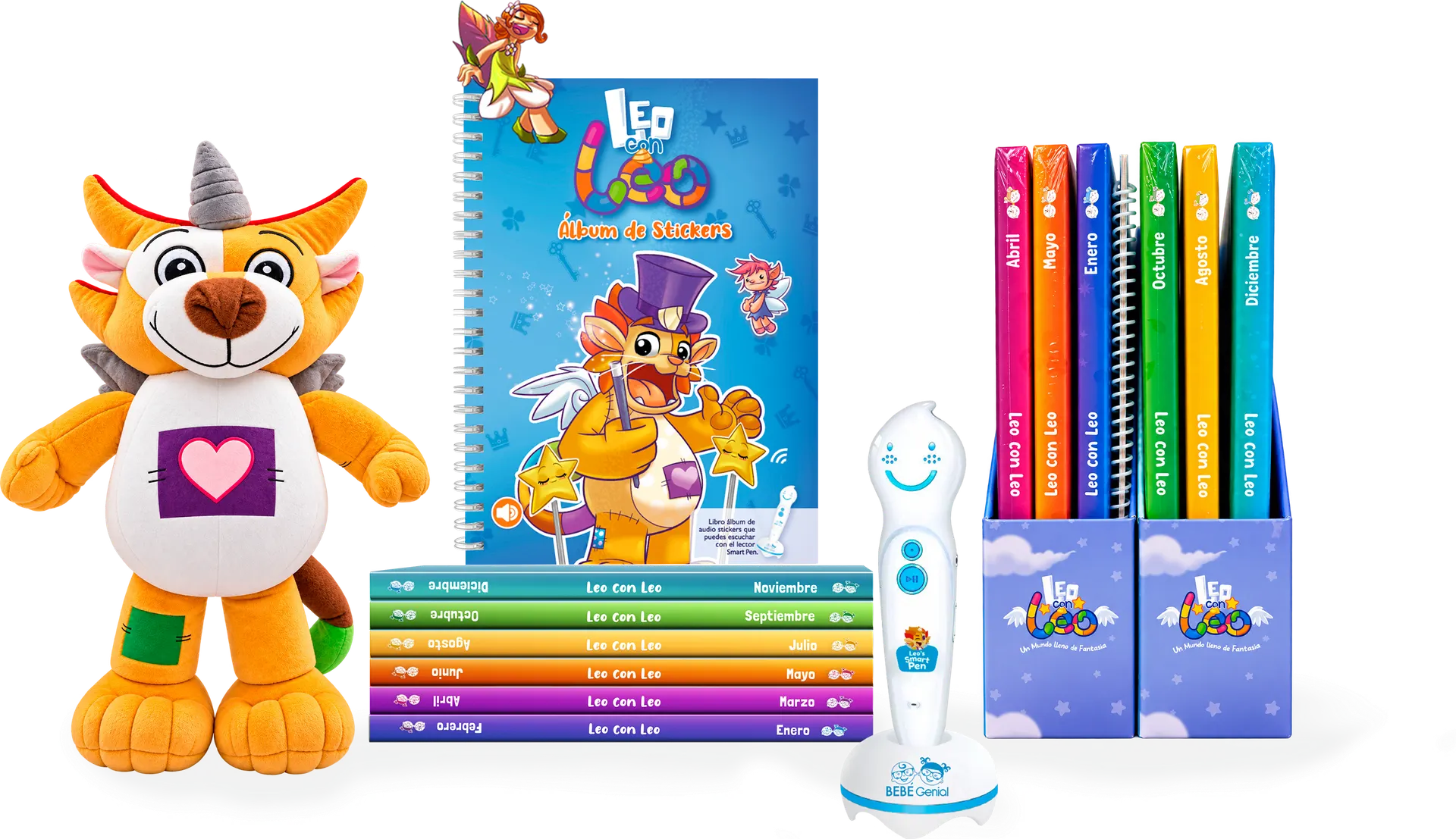 Leo con Leo: los 6 tomos con sus archivadores, el álbum de stickers, el Smart Pen y el peluche Leo
